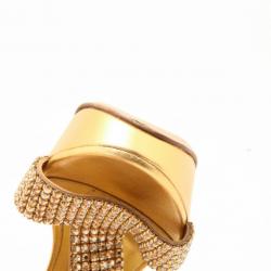 Pre Owned Gina Metallic Gold and Crystal Embellished Platform Sandals Size 36