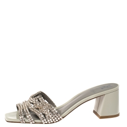 Pre Owned Gina Grey Patent Leather Visage Crystal Embellished Slide Sandals Size 39.5