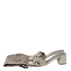 Pre Owned Gina Grey Patent Leather Visage Crystal Embellished Slide Sandals Size 39.5