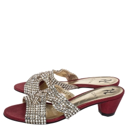 Pre Owned Gina Red Leather Crystal Embellished Slide Sandals Size 38