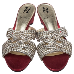 Pre Owned Gina Red Leather Crystal Embellished Slide Sandals Size 38