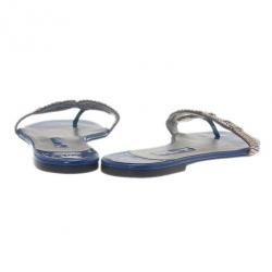 Pre Owned صندل جينا مسطح جلد لامع أزرق مزخرف مقاس 39.5