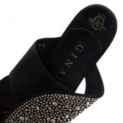 Gina Black Studded Satin Flat Sandals Size 39