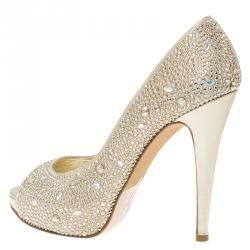 Pre Owned Gina Gold Leather and Crystal Embellished Satin Platform Pumps Size 38