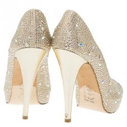 Pre Owned Gina Gold Leather and Crystal Embellished Satin Platform Pumps Size 38