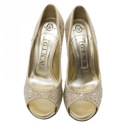 Pre Owned Gina Gold Leather and Crystal Embellished Satin Platform Pumps Size 38