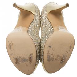 Pre Owned Gina Gold Leather and Crystal Embellished Satin Platform Pumps Size 38