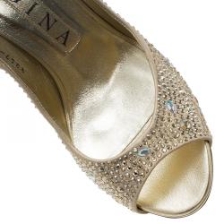 Pre Owned Gina Gold Leather and Crystal Embellished Satin Platform Pumps Size 38