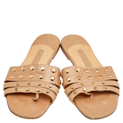 Gina Beige Leather Embellished Slide Sandals Size 38.5