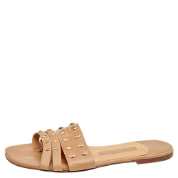Gina Beige Leather Embellished Slide Sandals Size 38.5