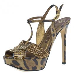 Pre Owned Gina Brown Crystal Embellished Leopard Print Sandals Size 38