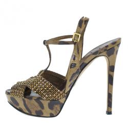 Pre Owned Gina Brown Crystal Embellished Leopard Print Sandals Size 38