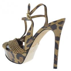 Pre Owned Gina Brown Crystal Embellished Leopard Print Sandals Size 38