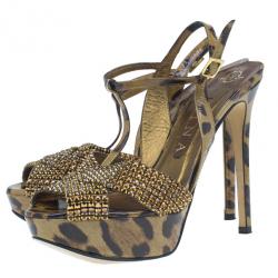 Pre Owned Gina Brown Crystal Embellished Leopard Print Sandals Size 38