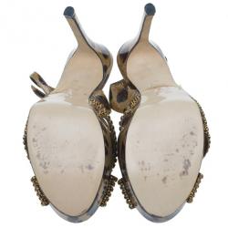 Pre Owned Gina Brown Crystal Embellished Leopard Print Sandals Size 38