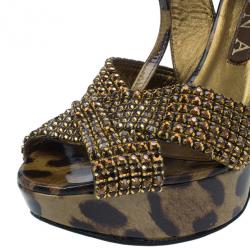Pre Owned Gina Brown Crystal Embellished Leopard Print Sandals Size 38