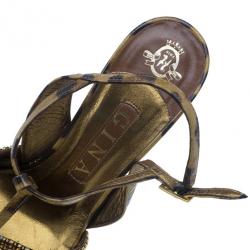 Pre Owned Gina Brown Crystal Embellished Leopard Print Sandals Size 38