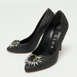 Pre Owned حذاء كعب عالي جينا جلد ثعبان أسود مزخرف كريستال مقاس 37