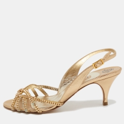 مملوكة مسبقًا Gina Gold Leather Crystal Embellished Slingback Sandals Size 38