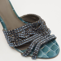 Pre Owned Gina Grey Croc Embossed Patent Crystal Embellished Loren Slides Size 38