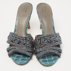 Pre Owned Gina Grey Croc Embossed Patent Crystal Embellished Loren Slides Size 38