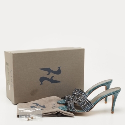 Pre Owned Gina Grey Croc Embossed Patent Crystal Embellished Loren Slides Size 38