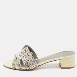 Pre Owned Gina Cream Croc Embossed Patent Leather Crystal Embellished Hayworth Sandals Size 39.5