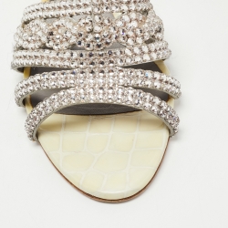 Pre Owned Gina Cream Croc Embossed Patent Leather Crystal Embellished Hayworth Sandals Size 39.5