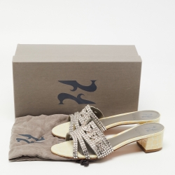 Pre Owned Gina Cream Croc Embossed Patent Leather Crystal Embellished Hayworth Sandals Size 39.5
