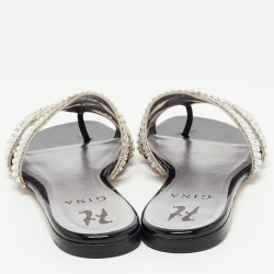 Pre Owned Gina Black Leather Crystal Embellished Slides Size 37.5