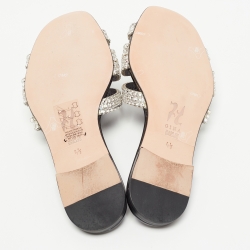 Pre Owned Gina Black Leather Crystal Embellished Slides Size 37.5