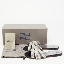 Pre Owned Gina Black Leather Crystal Embellished Slides Size 37.5