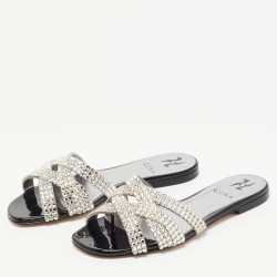 Pre Owned Gina Black Leather Crystal Embellished Slides Size 37.5