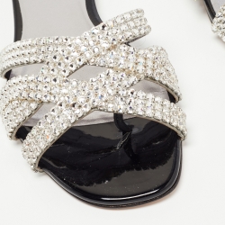 Pre Owned Gina Black Leather Crystal Embellished Slides Size 37.5