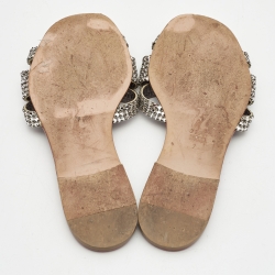 Pre Owned Gina Silver/Brown Leather and Patent Crystal Embellished Slide Flats Size 40