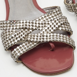 Pre Owned Gina Silver/Brown Leather and Patent Crystal Embellished Slide Flats Size 40