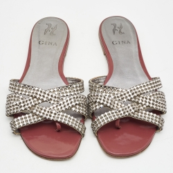 Pre Owned Gina Silver/Brown Leather and Patent Crystal Embellished Slide Flats Size 40