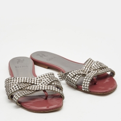Pre Owned Gina Silver/Brown Leather and Patent Crystal Embellished Slide Flats Size 40