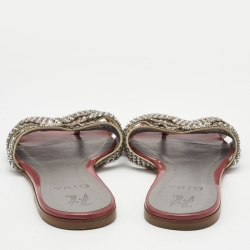 Pre Owned Gina Silver/Brown Leather and Patent Crystal Embellished Slide Flats Size 40