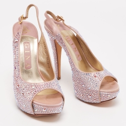 Pre Owned Gina Pink Satin and Crystal Slingback Sandals Size 37