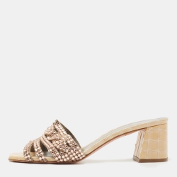 مملوكة مسبقًا Gina Gold Croc Embossed Patent Leather Crystal Embellished Slide Size 39