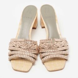 مملوكة مسبقًا Gina Gold Croc Embossed Patent Leather Crystal Embellished Slide Size 39