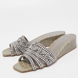 Gina Green Croc Embossed Patent Leather Crystal Embellished Slides Size 39