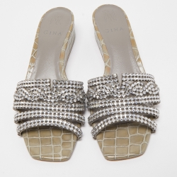 Gina Green Croc Embossed Patent Leather Crystal Embellished Slides Size 39