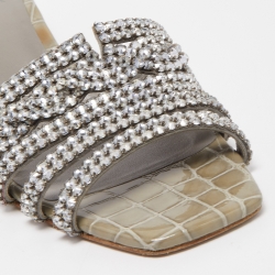 Gina Green Croc Embossed Patent Leather Crystal Embellished Slides Size 39