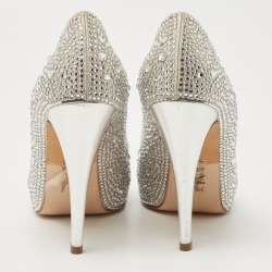 Pre Owned Gina Silver Crystal Embellished Satin Open Toe Platform Pumps Size 38.5
