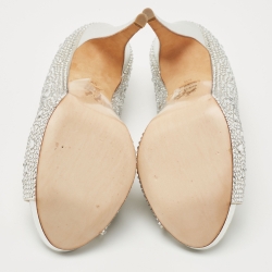 Pre Owned Gina Silver Crystal Embellished Satin Open Toe Platform Pumps Size 38.5