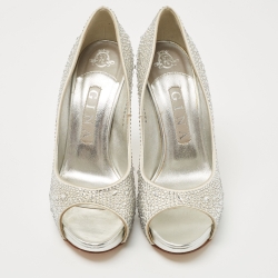 Pre Owned Gina Silver Crystal Embellished Satin Open Toe Platform Pumps Size 38.5