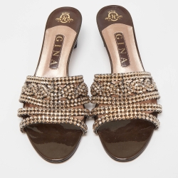 Pre Owned Gina Metallic Bronze Leather Crystal Embellished Slide Sandals Size 39
