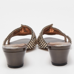 Pre Owned Gina Metallic Bronze Leather Crystal Embellished Slide Sandals Size 39